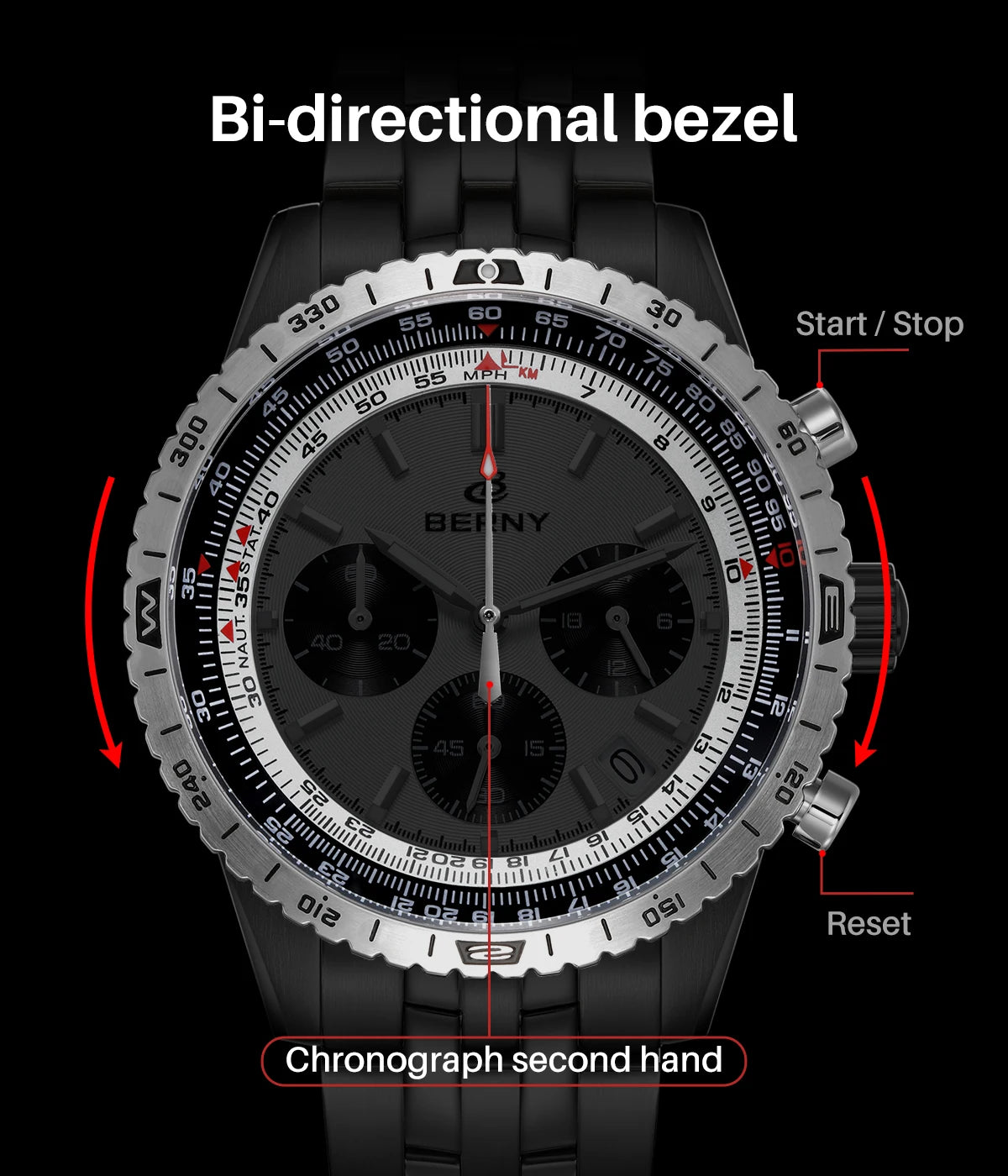 BERNY Chronograph Watches for Men Aviation Pilot Multifunction Quartz Men's Watch Date Sapphire Super Luminous Luxury Wristwatch