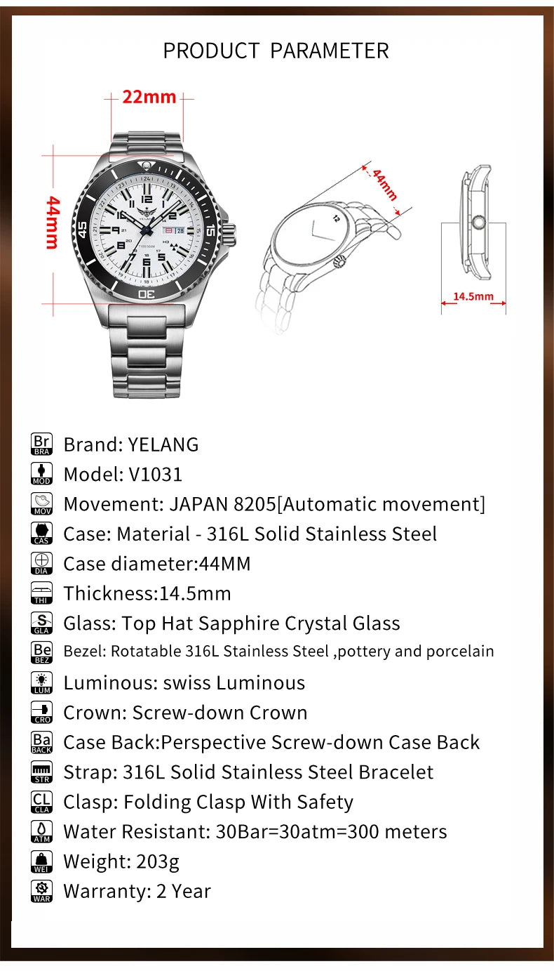 Yelang V1031 Luxury Men Brand Watch 44mm Diver Water Watches Japan 8205 Automatic Mechanical movement Luminous 300M Waterproof