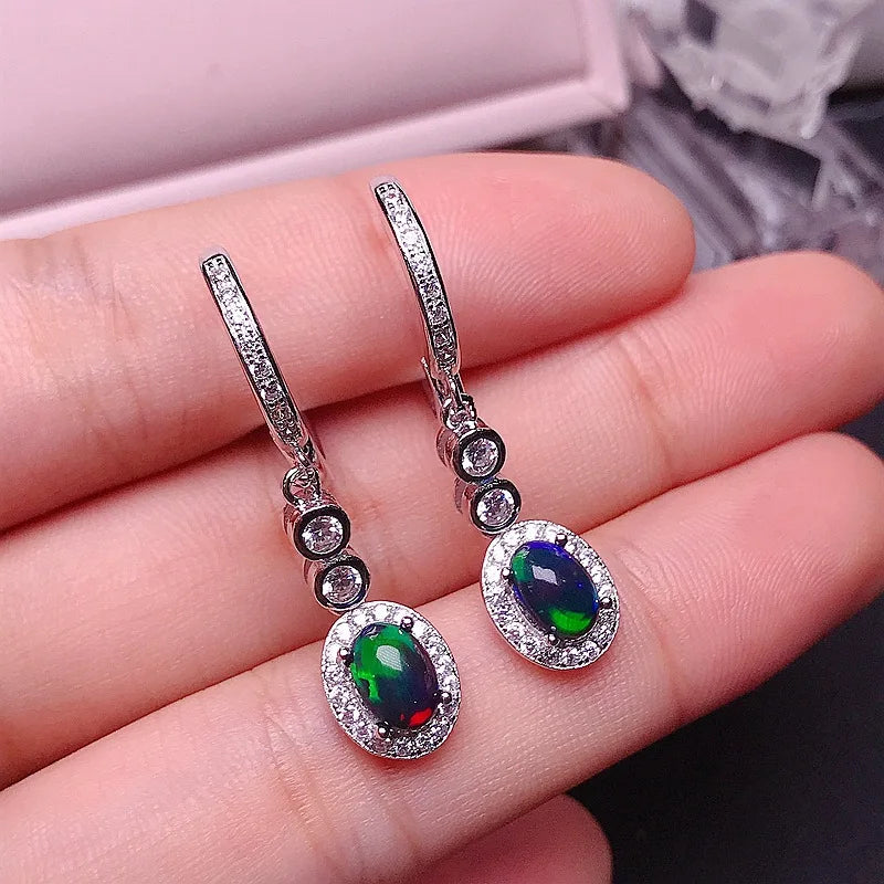 MeiBaPJ 5*7 Natural Black Opal Gemstone England Ear Drop Earrings for Women Real 925 Sterling Silver Charm Fine Wedding Jewelry
