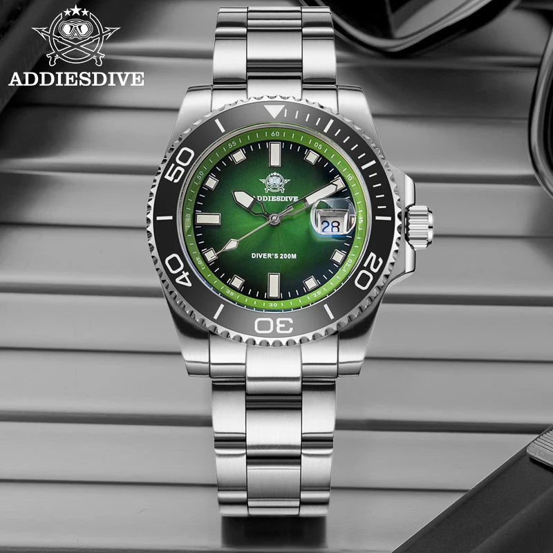 ADDIESDIVE New Men Watch AD2089 Diver 200m Waterproof Wristwatch Ceramic Bezel Luminous 316L Stainless Steel Quartz Watch AD2089