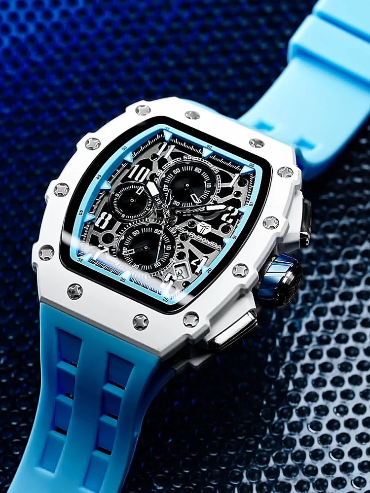 TSAR BOMBA Resin Watch for Men Tonneau Waterproof Mens Watches Top Brand Luxury Chronograph Sport Male White Wristwatches