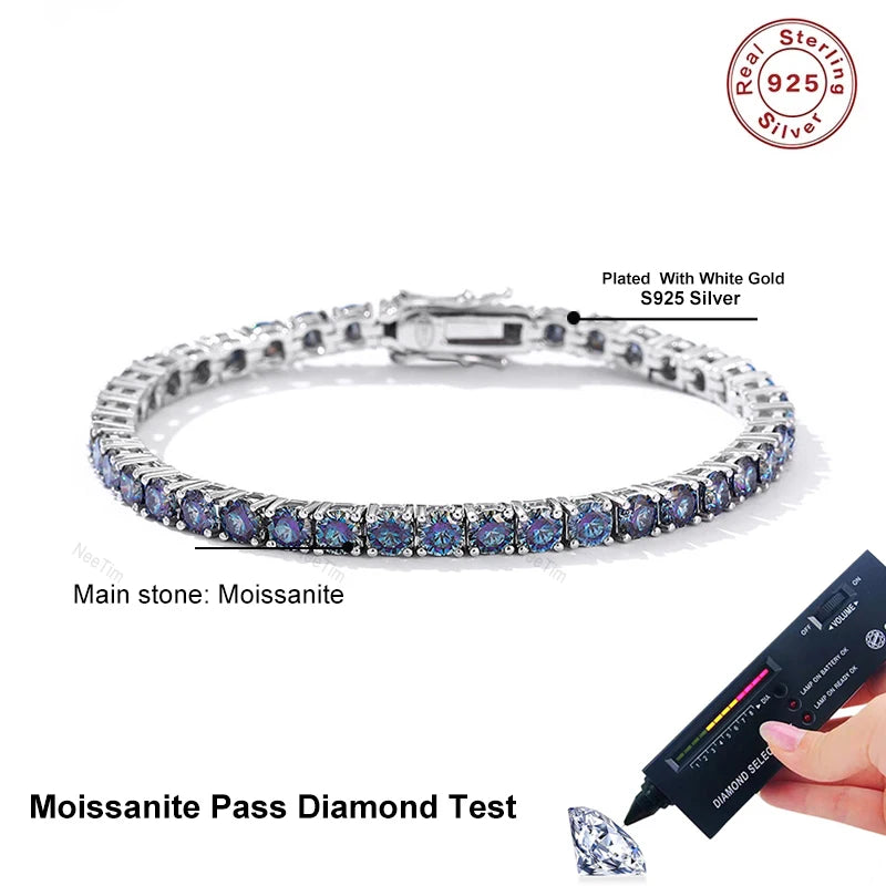 NeeTim Rainbow Colorful Moissanite Tennis Bracelet s925 Sterling Silver with White Gold Plated Chain Bracelets for Women Man
