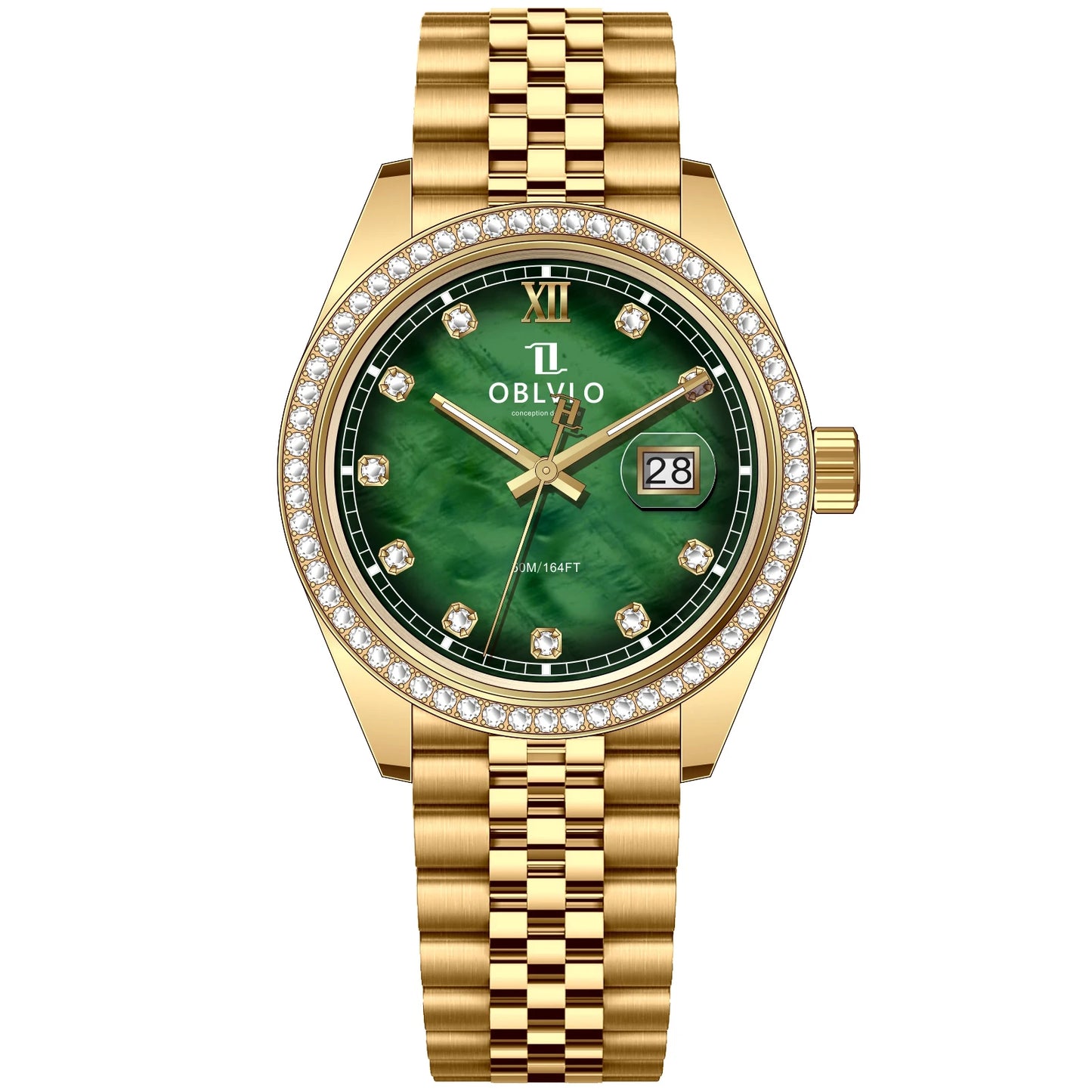 OBLVLO Men's Elegant Diamonds Bezel Two Tone Bracelet Quartz Watch with Date Fashion MOP Dial Business Watches for Men RX-PE-D