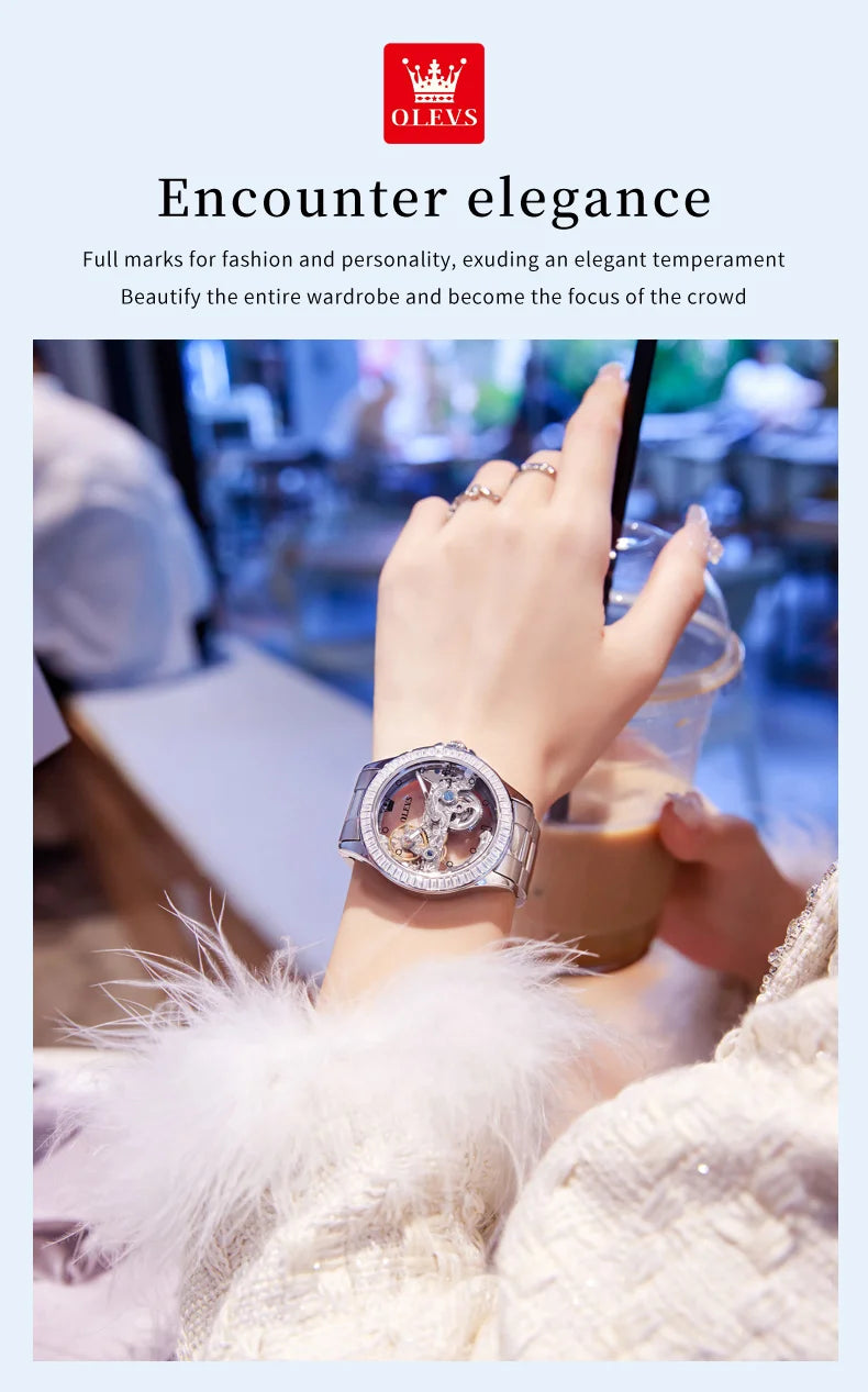 OLEVS Fully Hollow Watch for Women Automatic Mechanical Women's Watches Luminous Luxury Stainless Steel Diamond Inlay Wristwatch