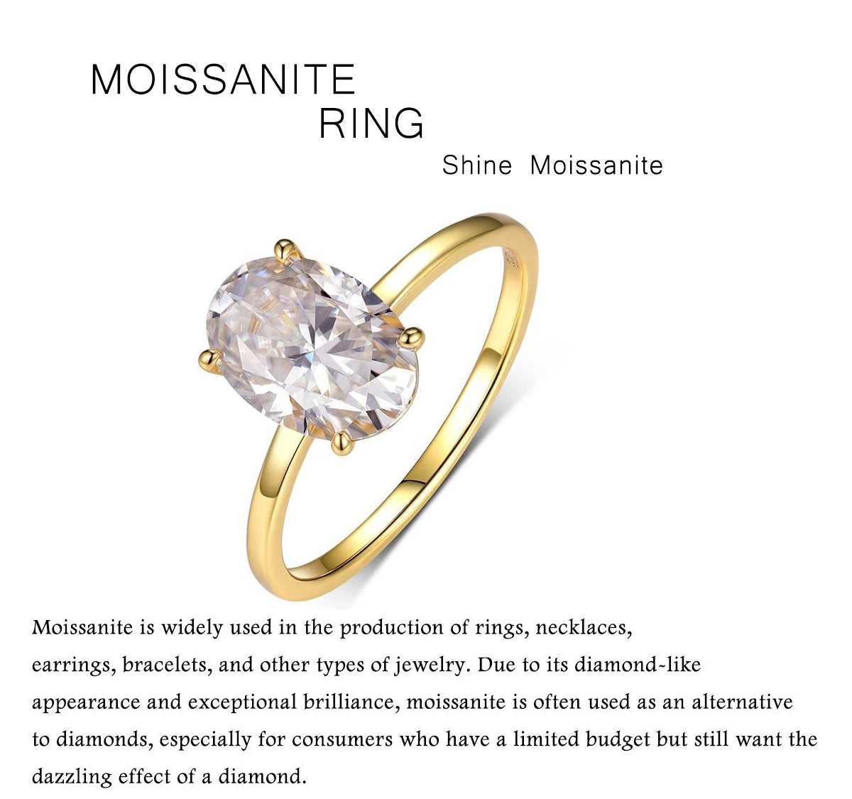 WSHUO 2.5ct S925 Sterling Silver Ring Oval Cut D Grade Moissanite 18K Gold Women's Engagement Ring Stackable Style GRA Certified