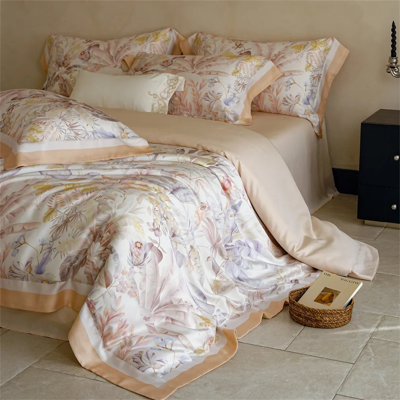 Luxury 22mm Mulberry Silk Bedding Set Romantic Floral Duvet Cover Pillowcases Bed Sheet Set Luxury Bed Linen King Queen Size