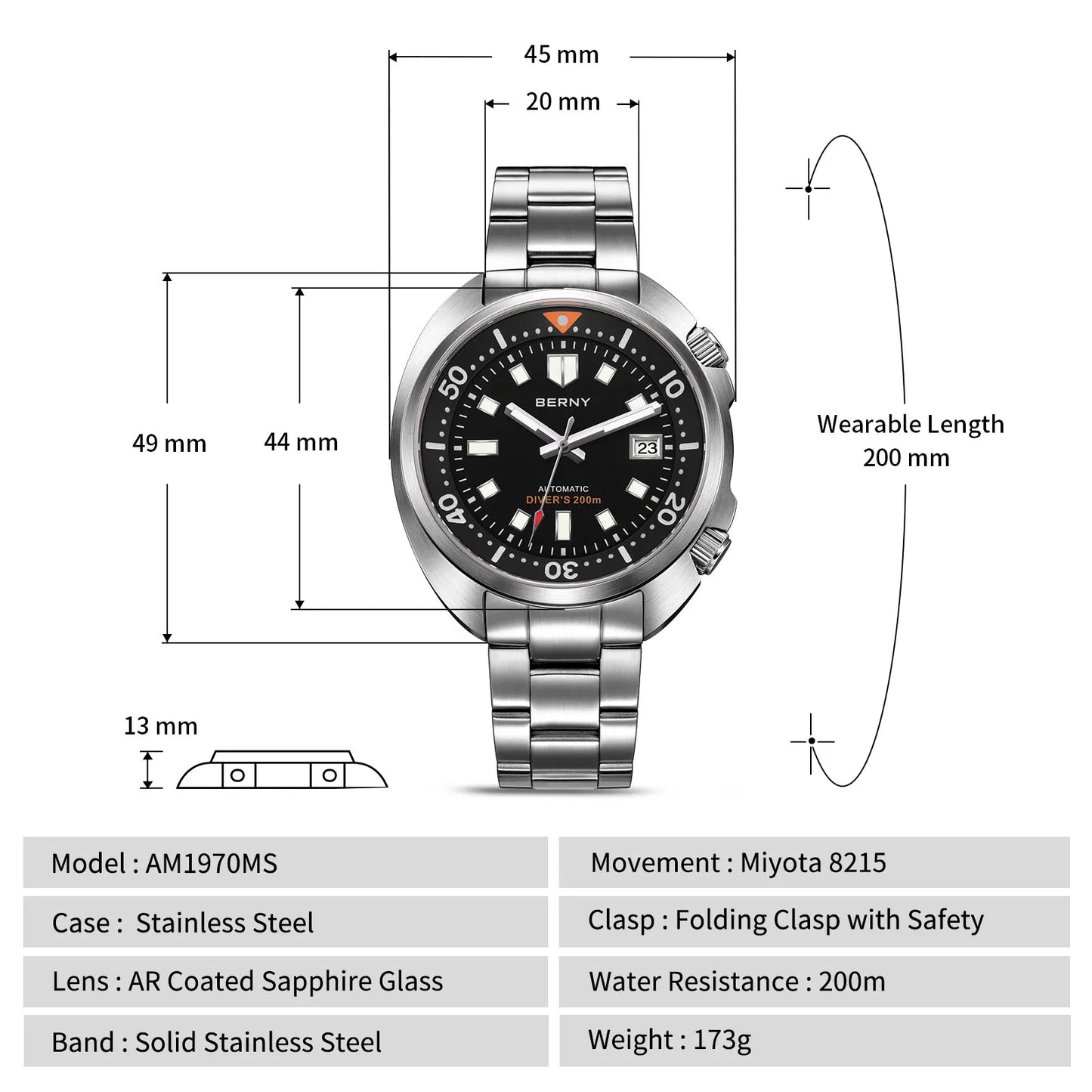 BERNY Automatic Compressor Diver Watch for Men Super Luminous Miyota 8215 Sapphire Swim Sport 20ATM Mechanical Men's Dive Watch