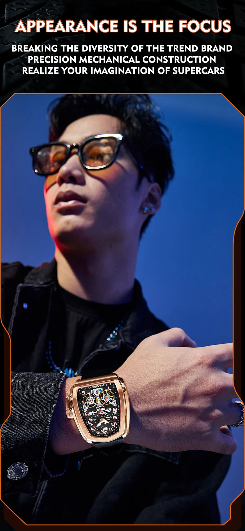 HANBORO fully automatic mechanical men's watch hollowed out wristwatch trend waterproof luminous watch