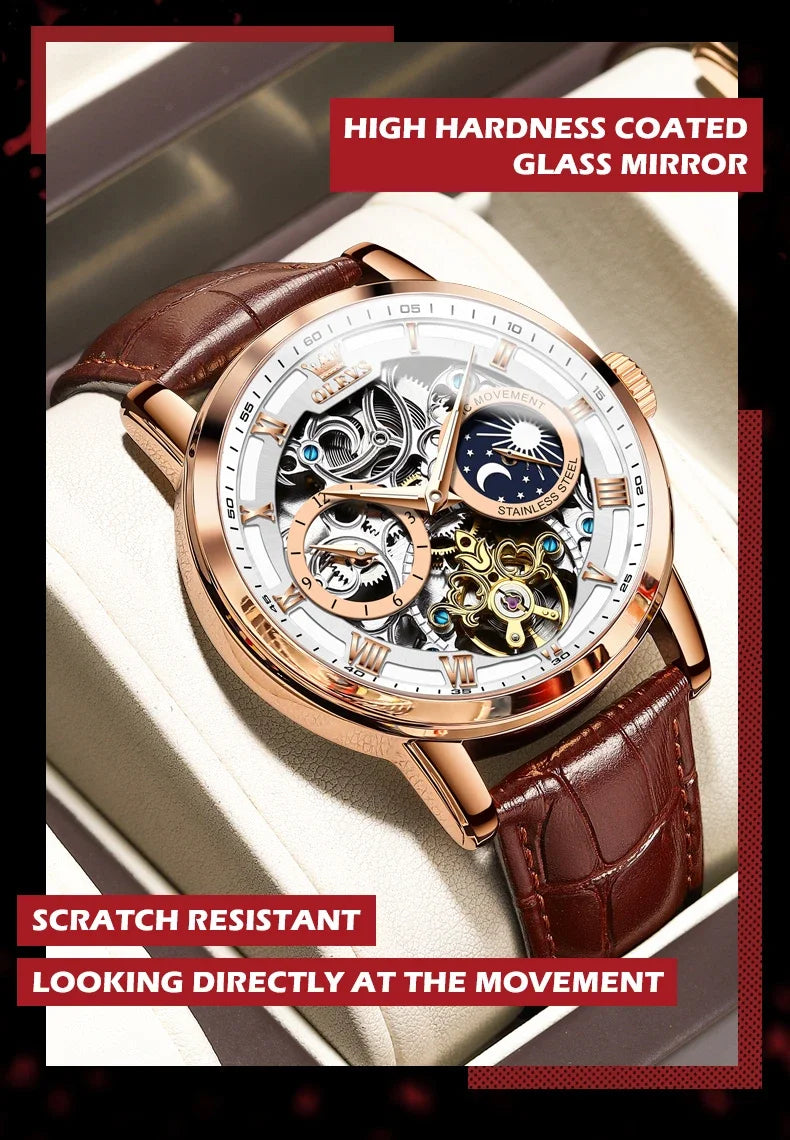 OLEVS 6670 Mechanical Fashion Watch Genuine Leather Watchband Round-dial Moon Phase Month Display