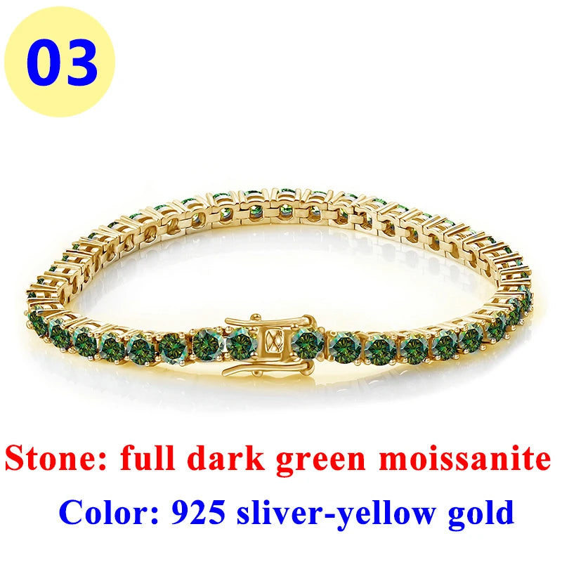 3MM Pink Full Moissanite Tennis HipHop Blue Green Yellow Purple Bracelet S925 Sliver Plated White Gold Bracelet for Women Men