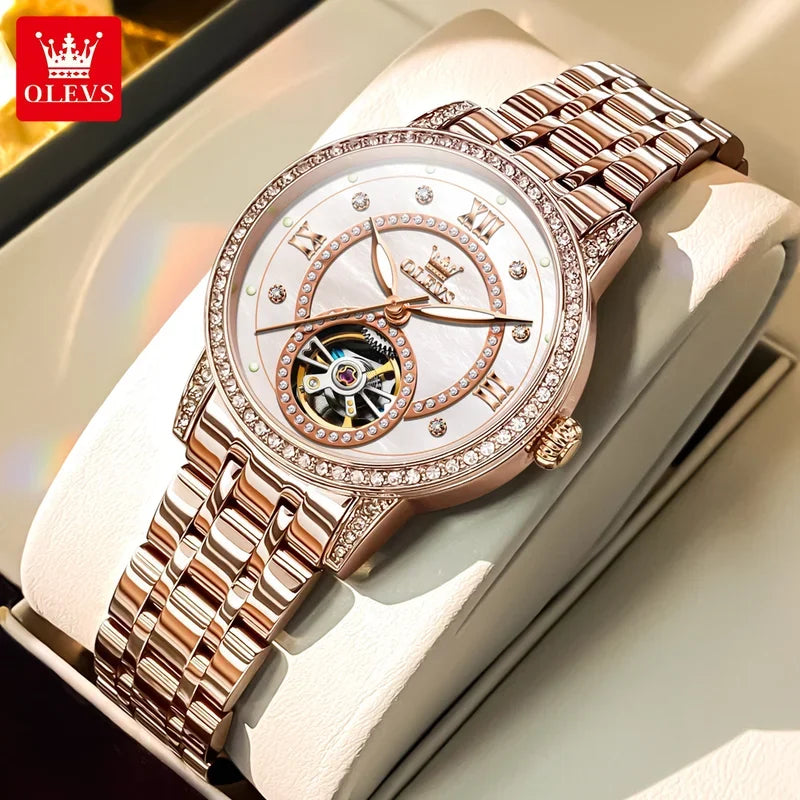 OLEVS Hollow Women's Watch Fully Automatic Mechanical Watch Luxury Diamond Inlaid Starry Sky Elegant Women's Brand Watch  7036
