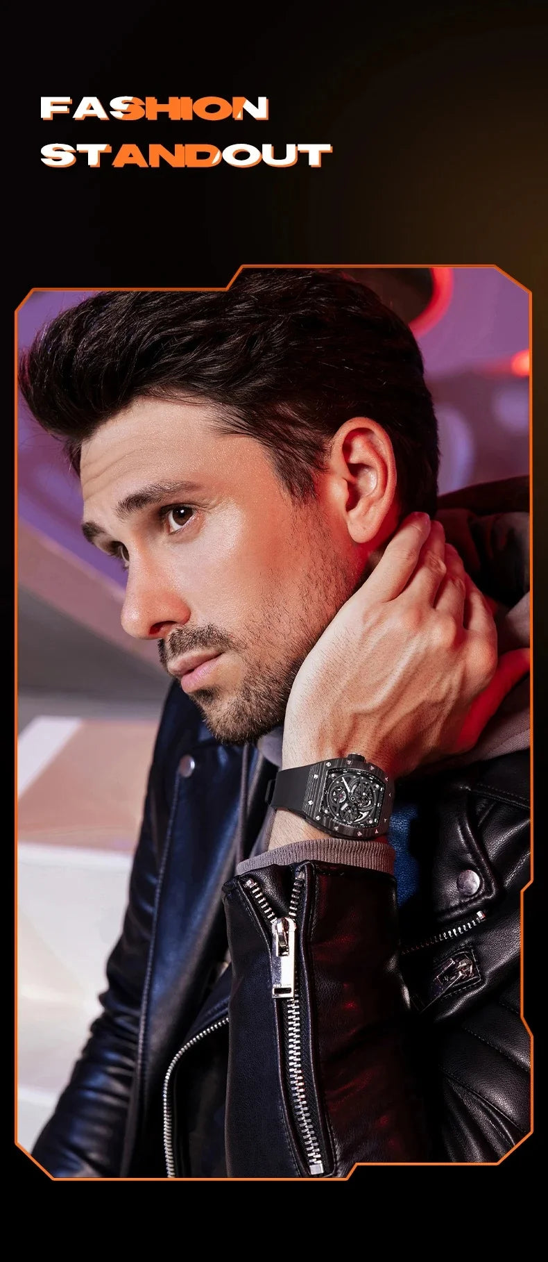 BONEST GATTI Men Automatic Movement Mechanical Watch Carbon Fiber Bezel Tonneau Luminous Case Fluororubber Strap Watches For Men