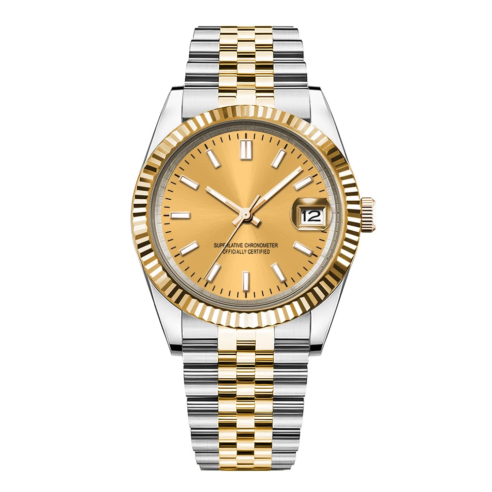 Uhr mit individuellem Logo, NH35-Uhrwerk, 36 mm/39 mm, Damen-/Herrenuhr, Saphirglas, Gold, mechanische Armbanduhr, 100 m wasserdicht, reloj hombre