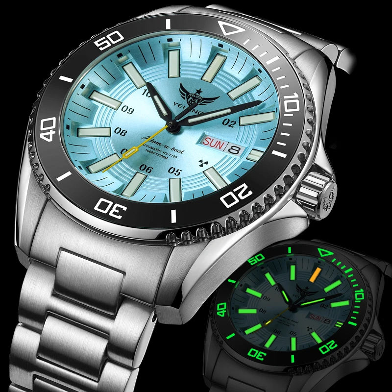 YELANG Automatic Mens Green Water Ghost Watches H3 T100 Self Luminous Wristwatch Waterproof 300m Turning Ceramic Bezel V1032