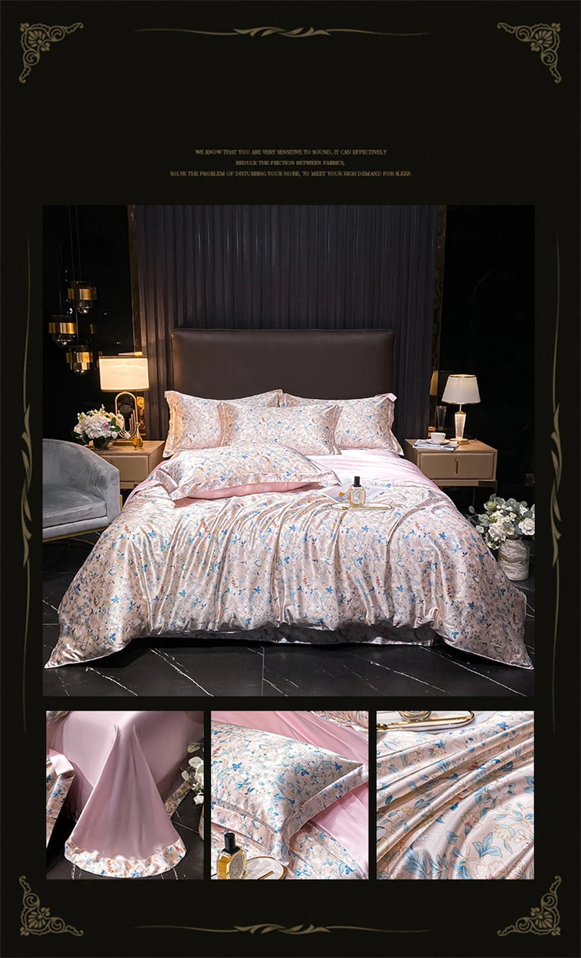 Floral Silk Bedding Set with Duvet Cover Bed Sheet Pillowcase Luxury Couple Single Double King Queen Soft Bedsheet Nordic Smooth