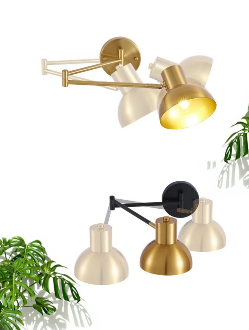 IWHD Golden Iron Art LED Wall Lights For Bedroom Kitchen Living Room Loft Mirror Bedside Lamp Swing Long Arm Lampade Da Parete