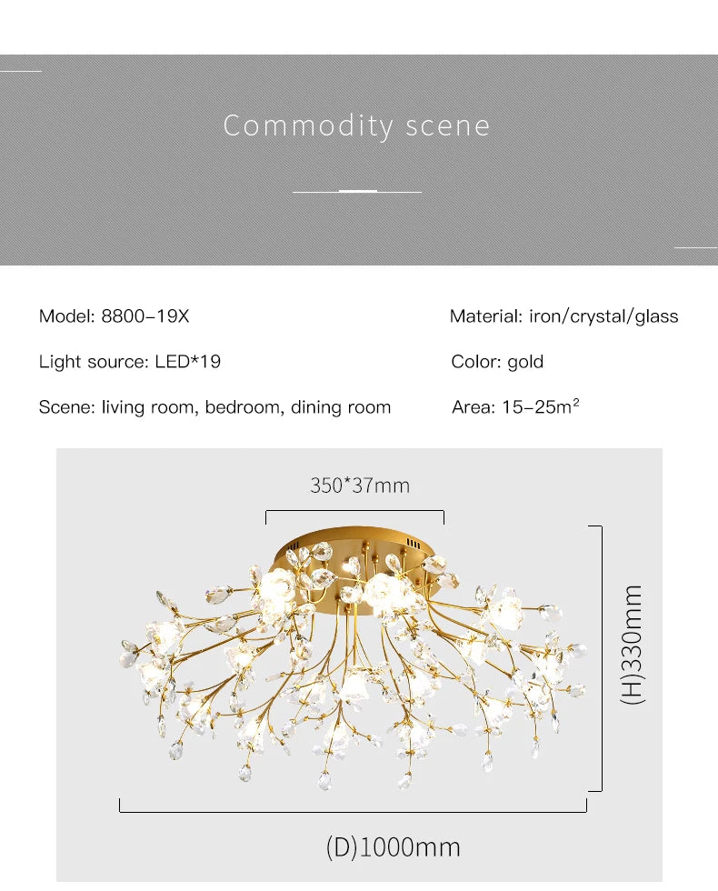 Luxury Crystal Flower Ceiling Light Gold LED Branch Tree Chandelier For Living Room Bedroom Villa Hotel Decor Bedside Wall Lamp
