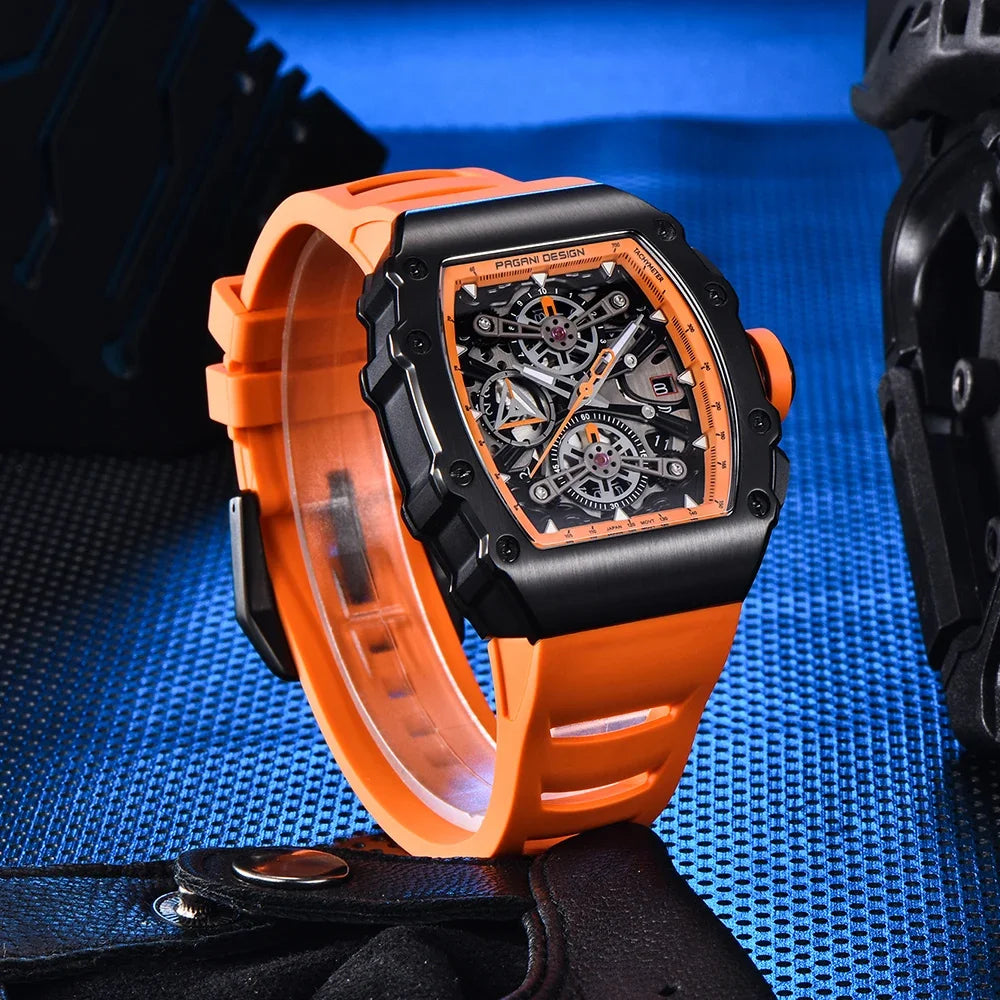 Pagani Design Men's Quartz Watches Japan Movt Skeleton Dial Waterproof Sport Rectangle Sapphire Glass Chronograph Watch For Men