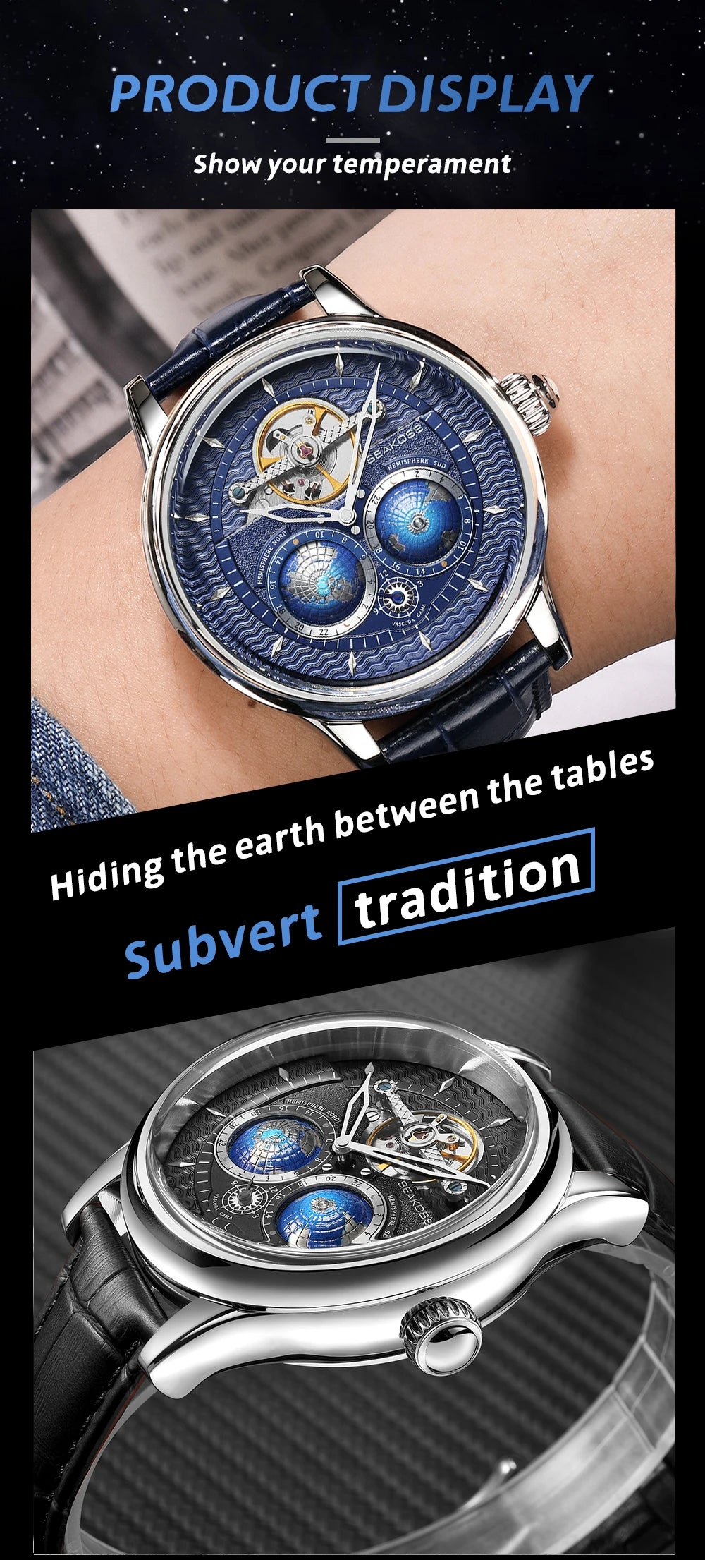 SEAKOSS Double Globe Automatic Rotating Men Mechanical Watches Earth Flywheel Device Men's Military Wristwatches 1963 Clock
