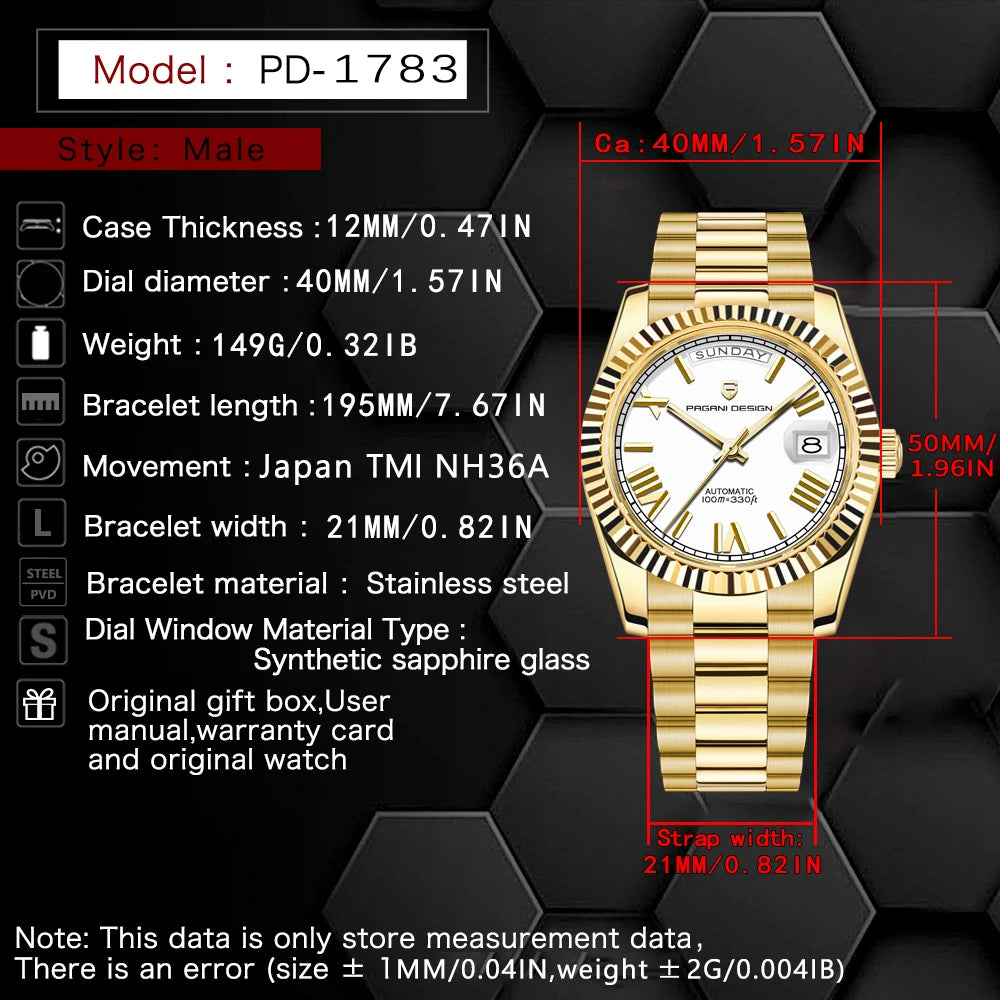 PAGANI DESIGN Men's Watches DD40 Gold White Luxury Automatic Watch Men TMI NH36A Date Week Mechanical Watches For Men 2025 New
