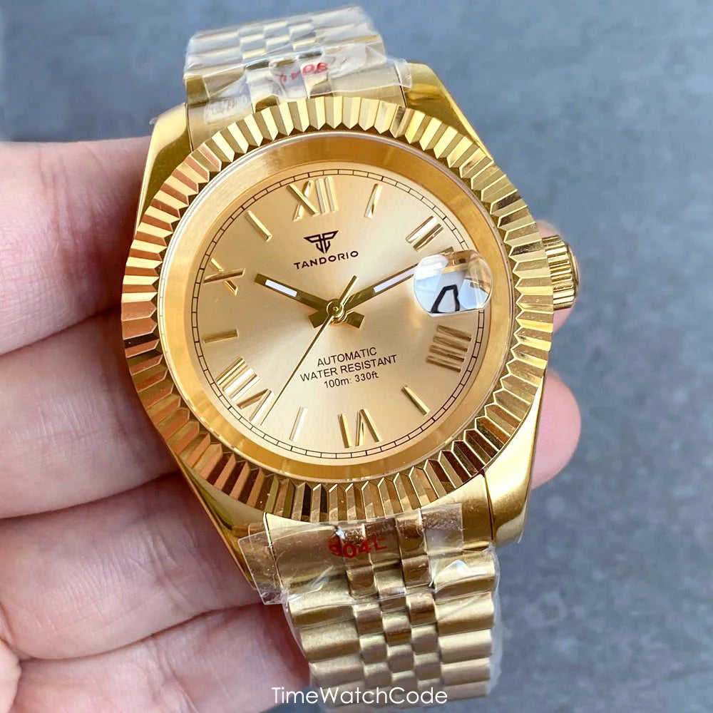 Montre automatique de luxe Tandorio Business pour homme, mouvement NH35A, cadran classique à chiffres romains, lunette cannelée, verre saphir, 36/39 mm