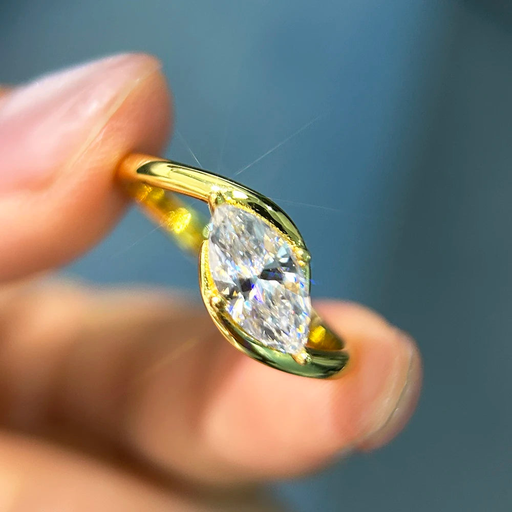 BXINY 1/2CT Marquise Moissanite Ring S925 Silver 18K Gold Plated for Women Men Solitaire Wedding Band Gift Fine Jewelry with GRA