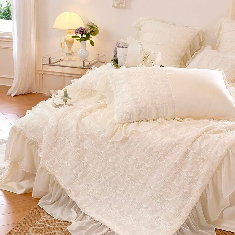 100%Eucalyptus Lyocell Cream White Lace Soft Silky Textured Wrinkle-Free Summer comforter Blanket 1Pc Flat sheet 2Pillow shams