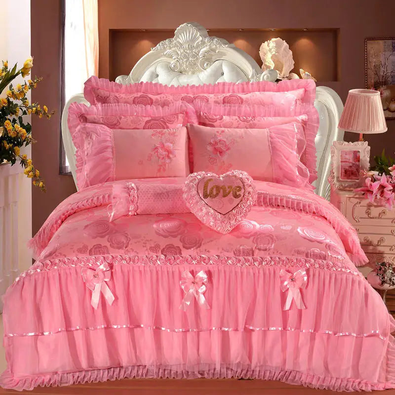Red Jacquard Satin Cotton Bedding Set Luxury Heart-shaped Lace Princess Wedding Duvet Cover Bed Sheet Bedspread Pillowcases
