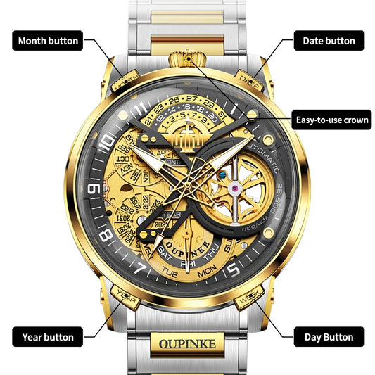 OUPINKE 3278 Mens Watch Luxury Flywheel Skeleton Automatic Mechanical Watch 50M Waterproof  Watches For Man 316L Stainless Steel