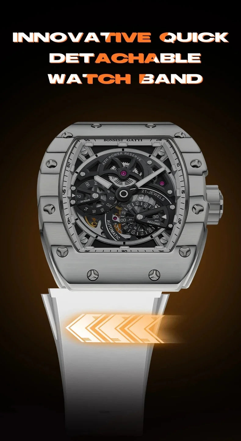 BONEST GATTI Men Automatic Movement Mechanical Watch Carbon Fiber Bezel Tonneau Luminous Case Fluororubber Strap Watches For Men