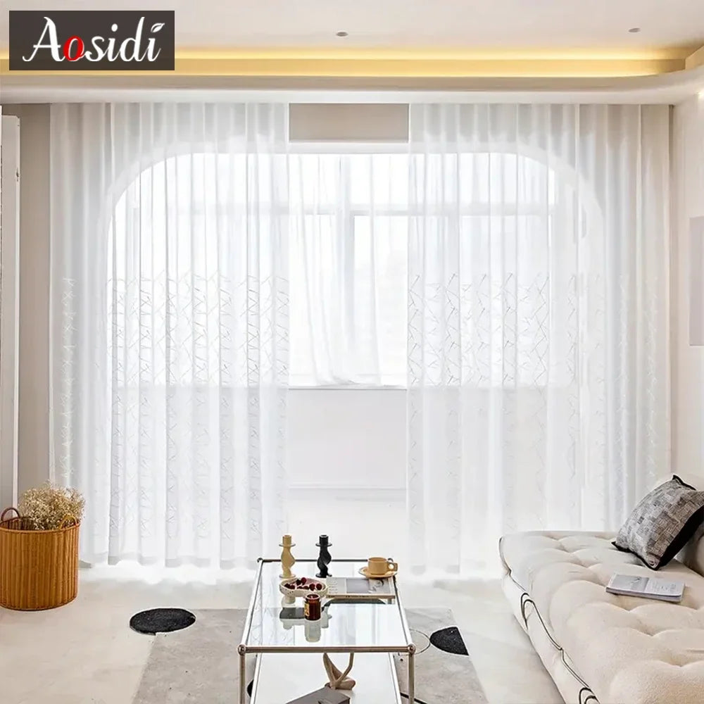 New Geometry White Embroidery Tulle Curtains for the Living Room Modern Sheer Curtain for Bedroom Window Blind Voile Custom Size