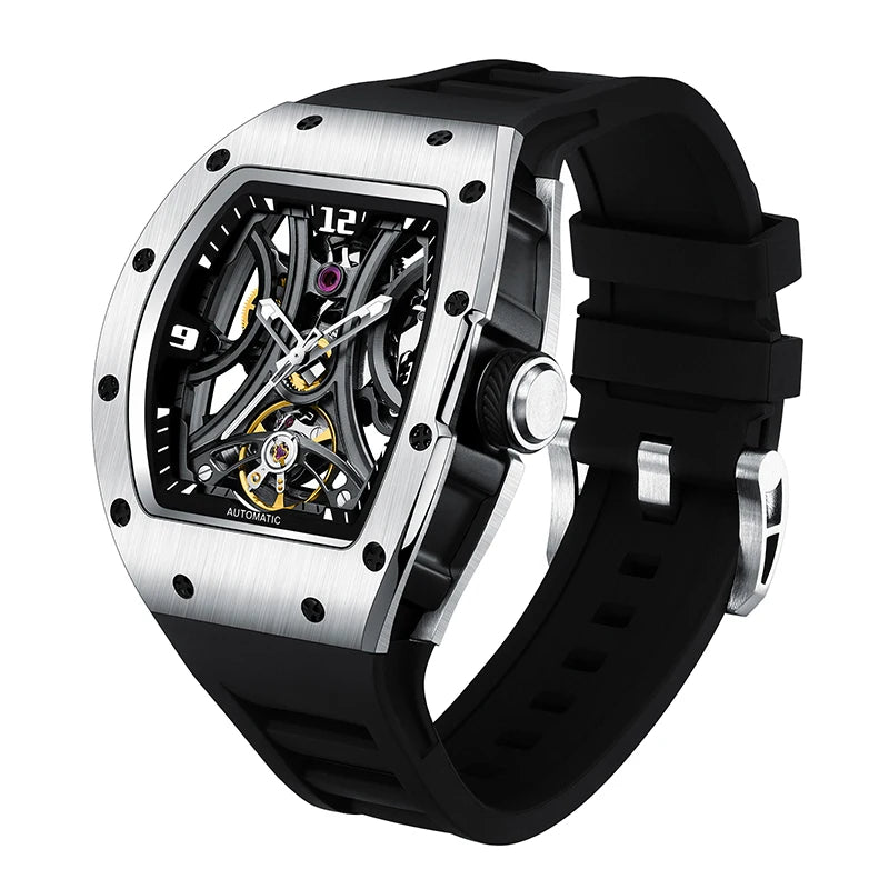 New Style automatic watch tonneau dial silicone strap waterproof sport mechanical wristwatch stainless steel 2026