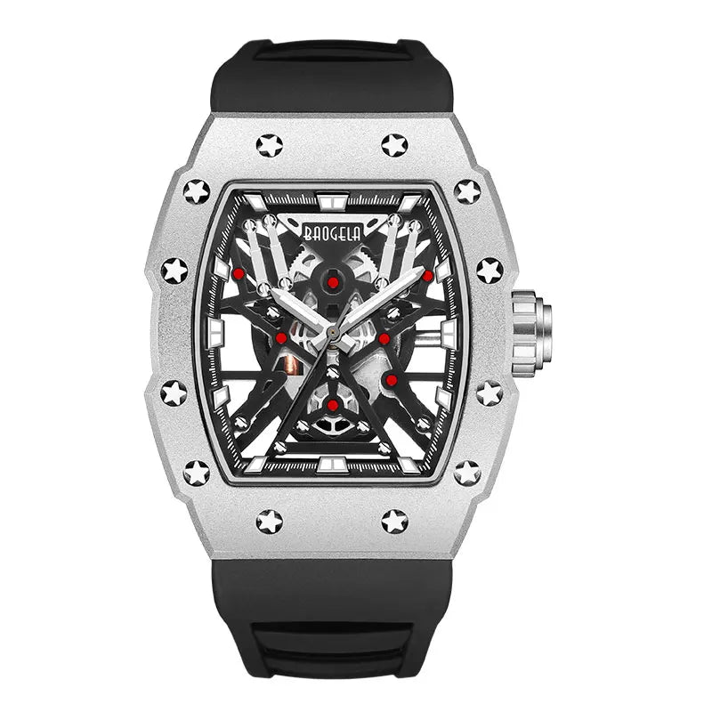 BAOGELA Black Stainless Steel Watch Men Military Sport Analog Quartz Wristwatch with Silicone Strap Luminous Hands Relogio 4147