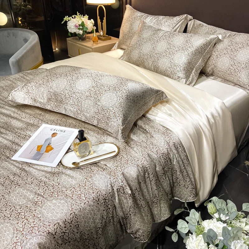Floral Silk Bedding Set with Duvet Cover Bed Sheet Pillowcase Luxury Couple Single Double King Queen Soft Bedsheet Nordic Smooth