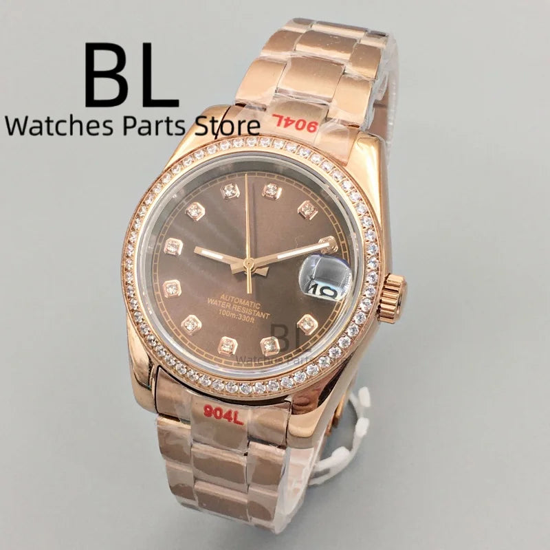 BLIGER Luxury Brown Dial Diamond Time Marks Watches For Men 36mm39mm Two Tone Rose Gold NH35 Movement Sapphire Glass Waterproof