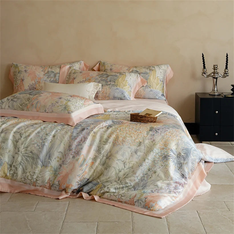 Luxury 22mm Mulberry Silk Bedding Set Romantic Floral Duvet Cover Pillowcases Bed Sheet Set Luxury Bed Linen King Queen Size
