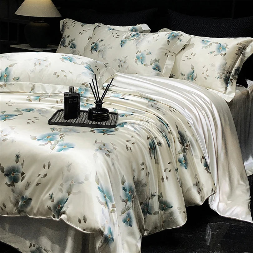 Floral Silk Bedding Set with Duvet Cover Bed Sheet Pillowcase Luxury Couple Single Double King Queen Soft Bedsheet Nordic Smooth