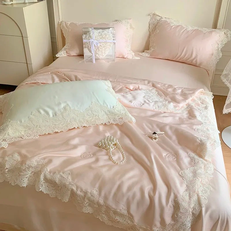 100%Eucalyptus Lyocell Cream White Lace Soft Silky Textured Wrinkle-Free Summer comforter Blanket 1Pc Flat sheet 2Pillow shams