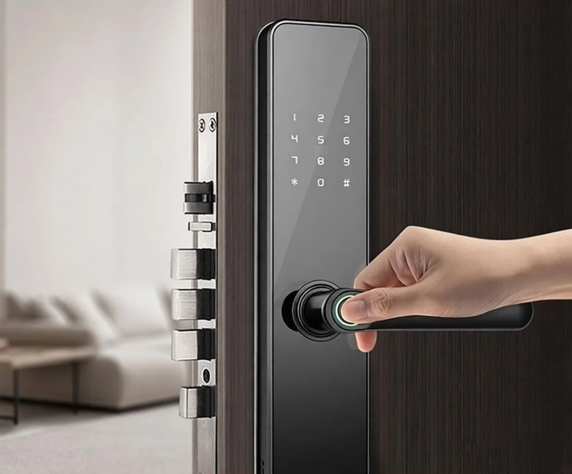 Smart Door Lock No Fingerprint - Password, IC Card & Key Entry. Anti-Theft with High-Decibel Alarm, Anti-EMP (Black Box) Protect