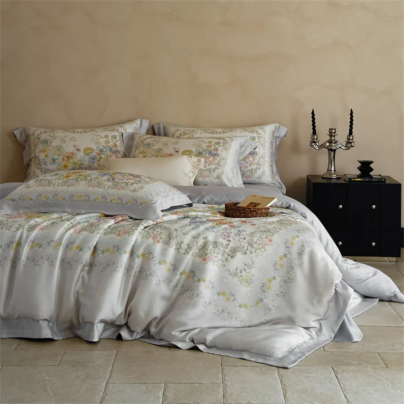 Luxury 22mm Mulberry Silk Bedding Set Romantic Floral Duvet Cover Pillowcases Bed Sheet Set Luxury Bed Linen King Queen Size