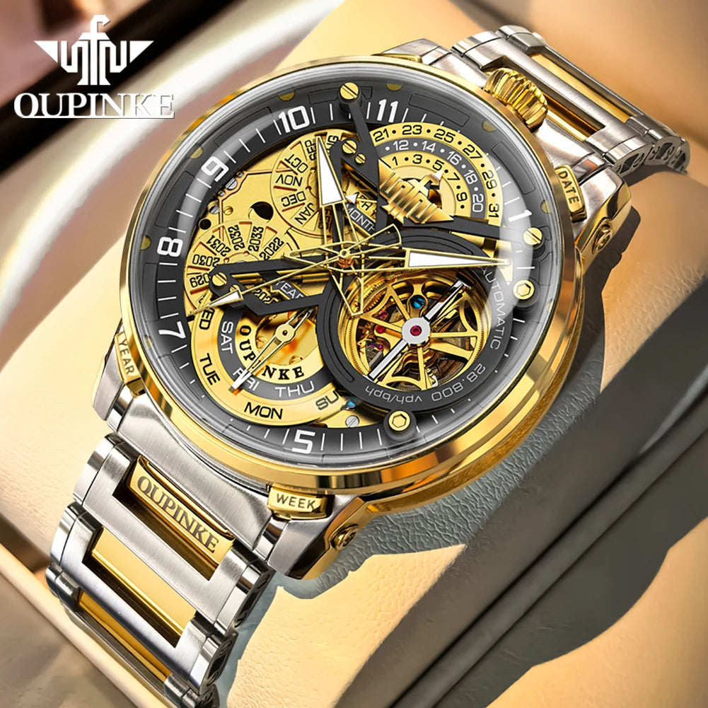 OUPINKE 3278 Herrenuhr, Luxus-Automatikuhr mit Schwungrad, Skelett-Uhrwerk, 50 m wasserdicht, Edelstahl 316L