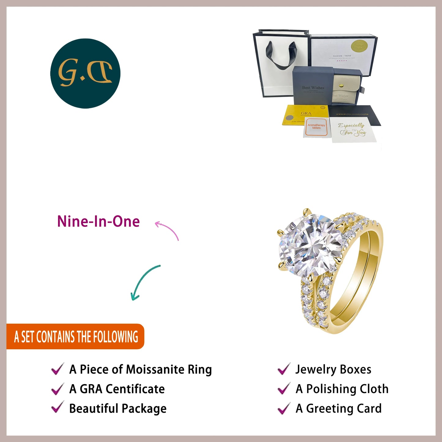 5.75CTW Moissanite Engagement Ring Set 2pcs, Round Cut, 925 Sterling Silver 18K Gold Plated, Classic Wedding Bridal Jewelry Gift