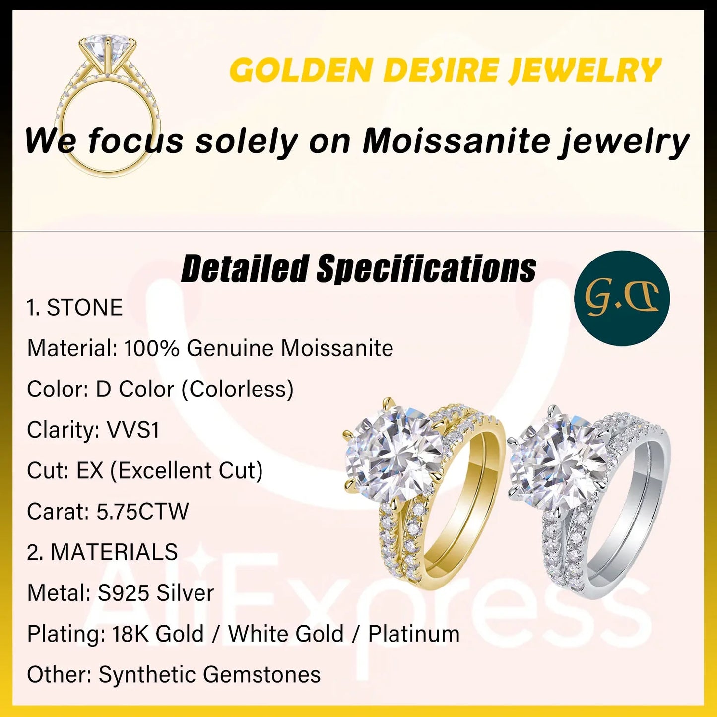 5.75CTW Moissanite Engagement Ring Set 2pcs, Round Cut, 925 Sterling Silver 18K Gold Plated, Classic Wedding Bridal Jewelry Gift