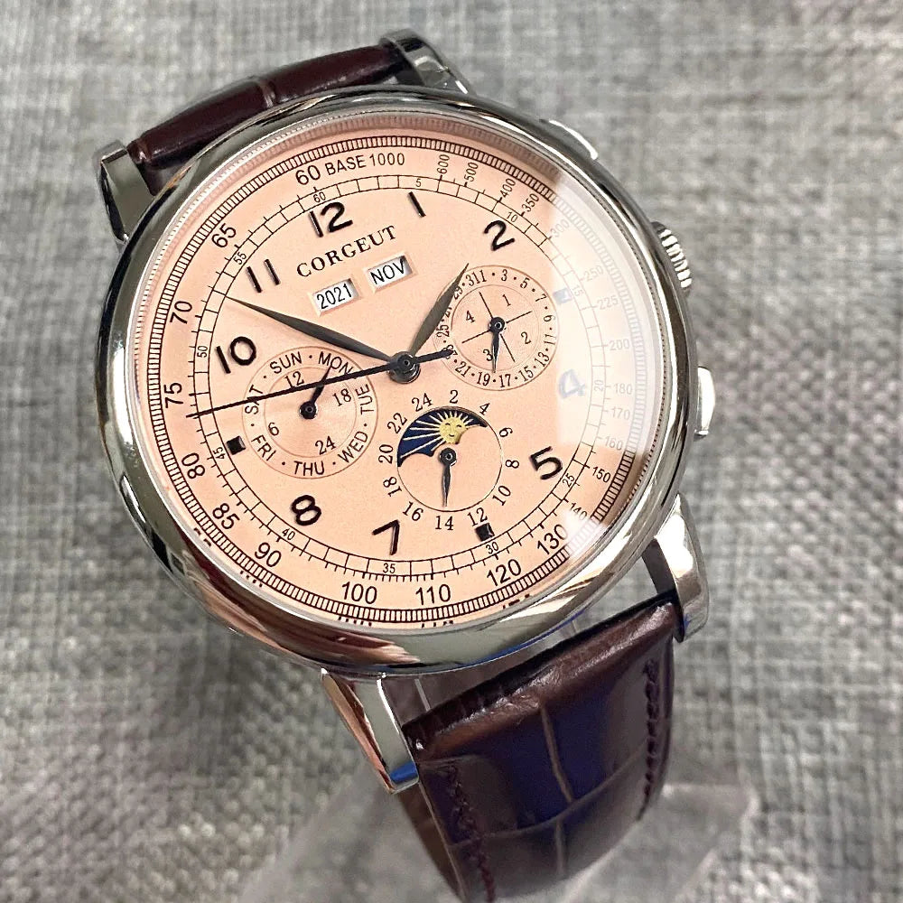 Automatic Watch for Men Multification Date Day Month Year 316L Mechanical Men's Watch Polished Case Day/Night Indicator 42mm