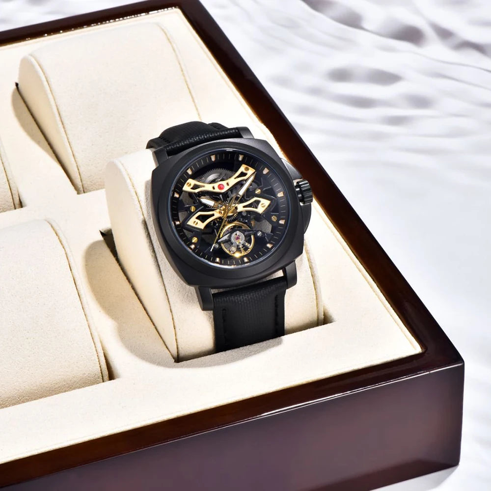 PAGANI DESIGN Herren Sportuhr, mechanische Automatik, quadratisches Design, Leder, wasserdicht, leuchtend, Geschenkidee für Feste, Herrenuhr + Box