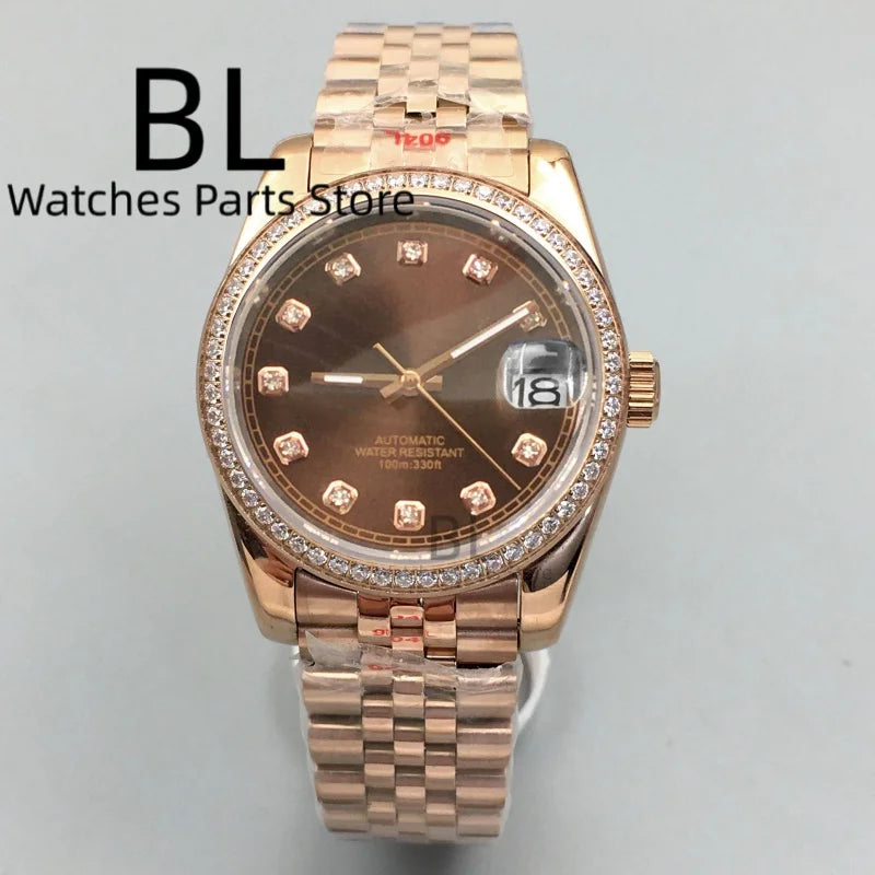 BLIGER Luxury Brown Dial Diamond Time Marks Watches For Men 36mm39mm Two Tone Rose Gold NH35 Movement Sapphire Glass Waterproof