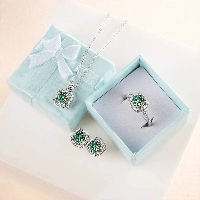 JoyceJelly S925 Sterling Silver jewelry for women 1 carat moissanite diamond 3 pieces set necklace ring earrings wedding party