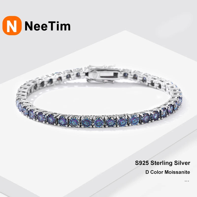 NeeTim Rainbow Colorful Moissanite Tennis Bracelet s925 Sterling Silver with White Gold Plated Chain Bracelets for Women Man