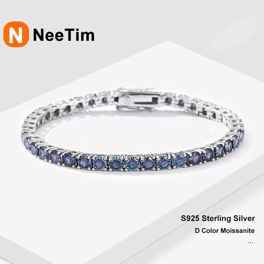 NeeTim Rainbow Colorful Moissanite Tennis Bracelet s925 Sterling Silver with White Gold Plated Chain Bracelets for Women Man