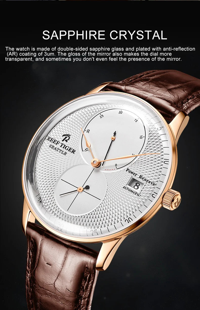 Reef-Tiger /RT Men Luxury Watch Rose Gold Mechanical Watch Brown Leather Strap Analog Watches Relogio Masculino RGA82B0